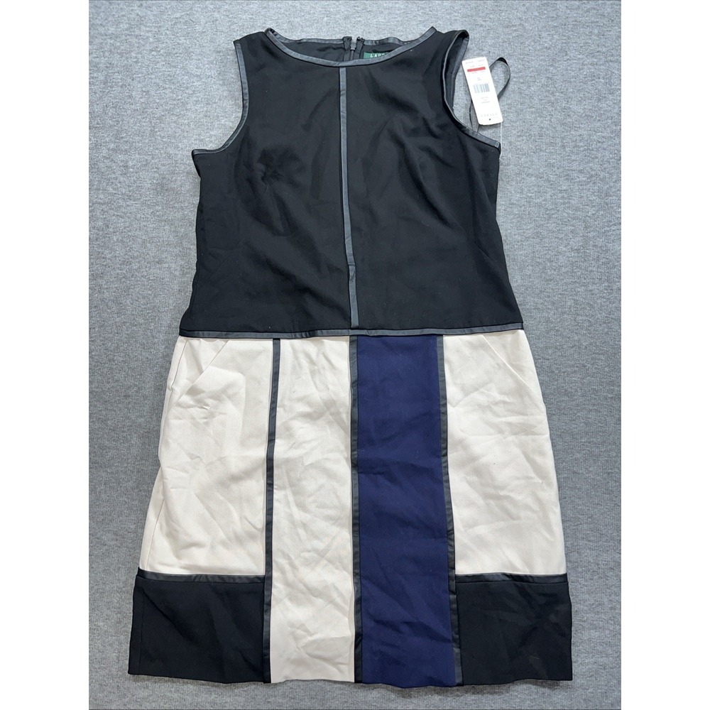 Lauren Ralph Lauren Size 14 Faux Leather Trim Colorblock Sleeveless Sheath Dress
